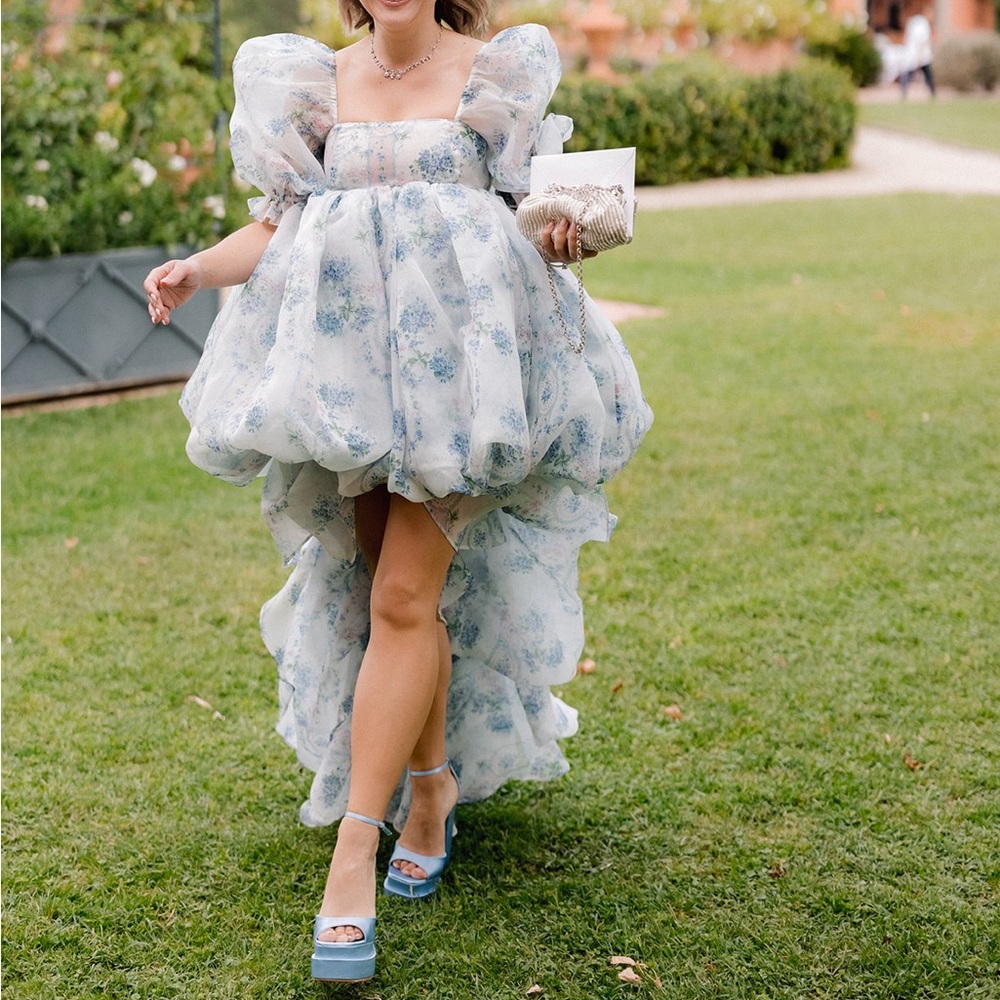 Selkie Light Blue Floral Puff-Sleeve High-Low Dress - Picture 4 of 5